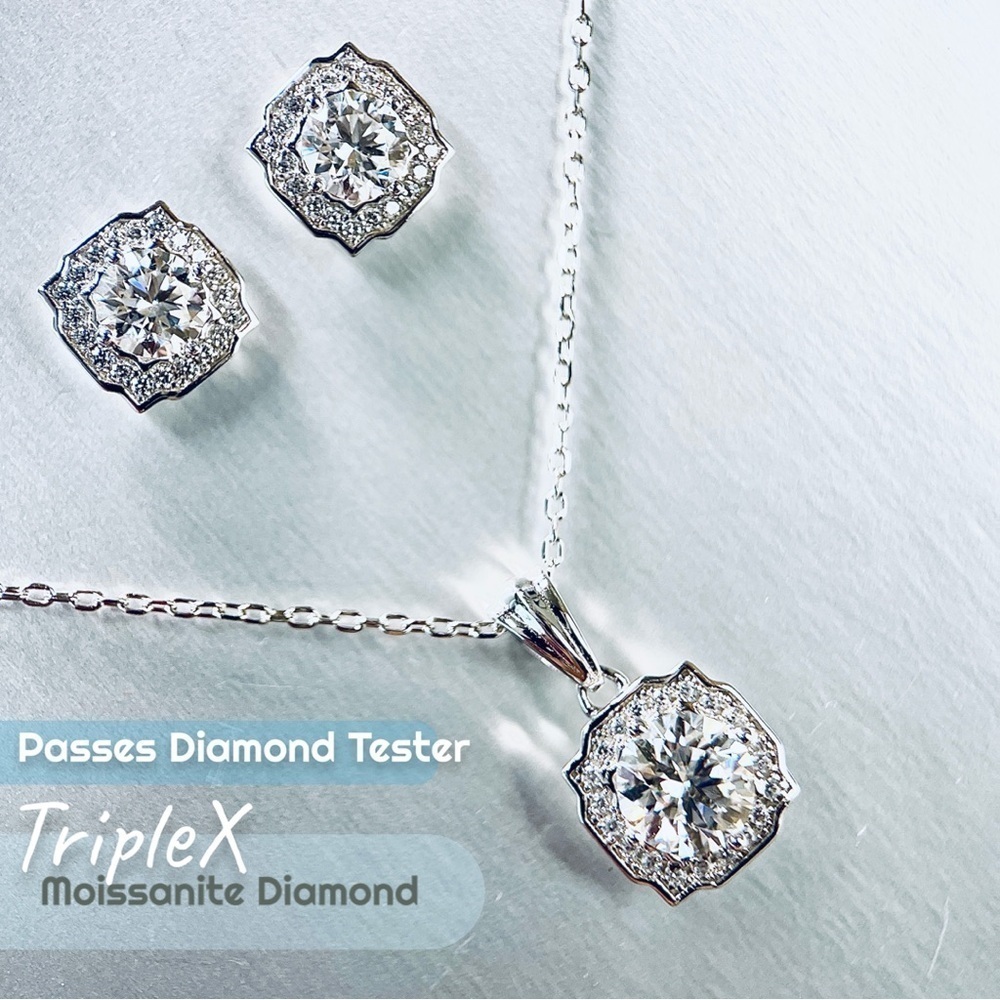 Belle Halo Moissanite Necklace Earrings Set In 18K Gold Plated Silver - Picture 2 of 5